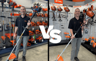 Images of man holding a 525LS trimmer and a FS 111 RX trimmer