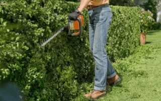 Image of a woman using a battery hedge trimmer on a green hedge